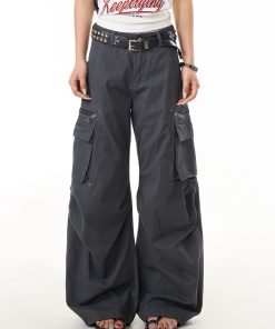 Gray Vintage Pleated Multi-Pocket Work Pants for Women - Loose Draped Wide-Leg Trousers for Street Commuting, Y2K Style
