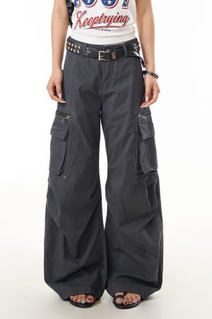 Gray Vintage Pleated Multi-Pocket Work Pants for Women - Loose Draped Wide-Leg Trousers for Street Commuting, Y2K Style