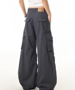 Gray Vintage Pleated Multi-Pocket Work Pants for Women - Loose Draped Wide-Leg Trousers for Street Commuting, Y2K Style