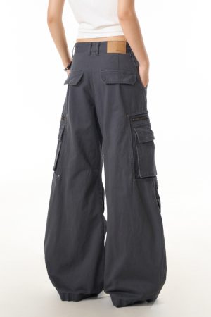 Gray Vintage Pleated Multi-Pocket Work Pants for Women - Loose Draped Wide-Leg Trousers for Street Commuting, Y2K Style