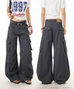 Gray Vintage Pleated Multi-Pocket Work Pants for Women - Loose Draped Wide-Leg Trousers for Street Commuting, Y2K Style