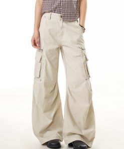 Gray Vintage Pleated Multi-Pocket Work Pants for Women - Loose Draped Wide-Leg Trousers for Street Commuting, Y2K Style