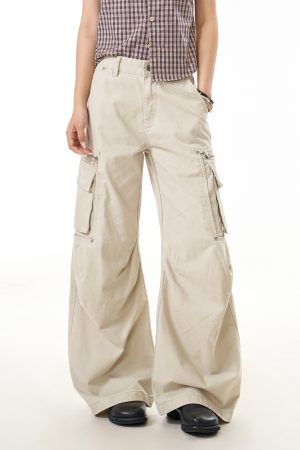 Gray Vintage Pleated Multi-Pocket Work Pants for Women - Loose Draped Wide-Leg Trousers for Street Commuting, Y2K Style
