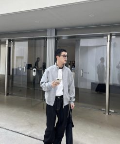 Gray Vintage Stand Collar Zip-Up Sweatshirt for Men, Loose Casual Jacket for Spring and Autumn, 90s Inspired Fashion