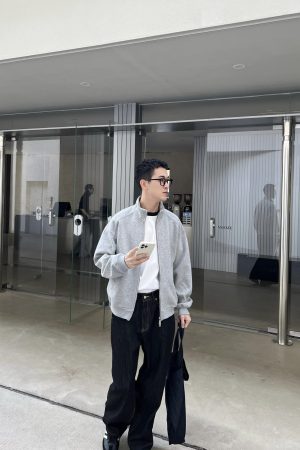 Gray Vintage Stand Collar Zip-Up Sweatshirt for Men, Loose Casual Jacket for Spring and Autumn, 90s Inspired Fashion