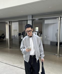 Gray Vintage Stand Collar Zip-Up Sweatshirt for Men, Loose Casual Jacket for Spring and Autumn, 90s Inspired Fashion