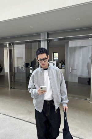 Gray Vintage Stand Collar Zip-Up Sweatshirt for Men, Loose Casual Jacket for Spring and Autumn, 90s Inspired Fashion