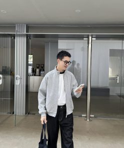 Gray Vintage Stand Collar Zip-Up Sweatshirt for Men, Loose Casual Jacket for Spring and Autumn, 90s Inspired Fashion