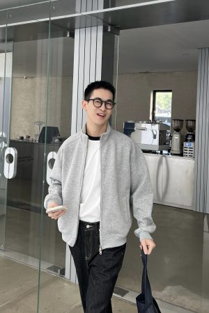 Gray Vintage Stand Collar Zip-Up Sweatshirt for Men, Loose Casual Jacket for Spring and Autumn, 90s Inspired Fashion