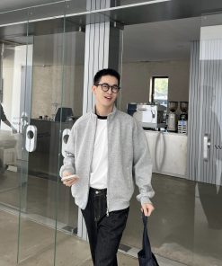 Gray Vintage Stand Collar Zip-Up Sweatshirt for Men, Loose Casual Jacket for Spring and Autumn, 90s Inspired Fashion