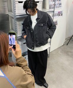 Gray Wash Distressed Denim Jacket with Roaring Beast Design – Trendy Y2K Style Outerwear for Women