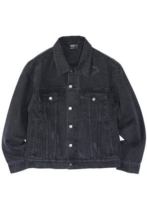 Gray Wash Distressed Denim Jacket with Roaring Beast Design â€“ Trendy Y2K Style Outerwear for Women