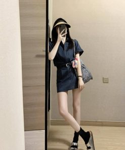 Gray Workwear Shirt Dress Set for Women - Unique Two-Piece Summer Outfit with Top and Short Skirt, Perfect for Casual or Office Wear