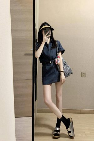 Gray Workwear Shirt Dress Set for Women - Unique Two-Piece Summer Outfit with Top and Short Skirt, Perfect for Casual or Office Wear