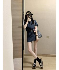 Gray Workwear Shirt Dress Set for Women - Unique Two-Piece Summer Outfit with Top and Short Skirt, Perfect for Casual or Office Wear