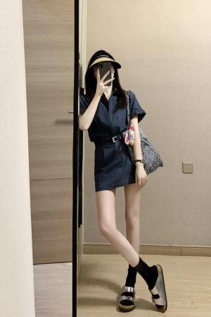 Gray Workwear Shirt Dress Set for Women - Unique Two-Piece Summer Outfit with Top and Short Skirt, Perfect for Casual or Office Wear