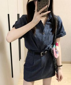 Gray Workwear Shirt Dress Set for Women - Unique Two-Piece Summer Outfit with Top and Short Skirt, Perfect for Casual or Office Wear