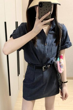Gray Workwear Shirt Dress Set for Women - Unique Two-Piece Summer Outfit with Top and Short Skirt, Perfect for Casual or Office Wear