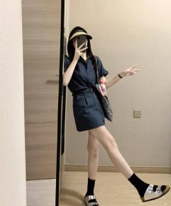 Gray Workwear Shirt Dress Set for Women - Unique Two-Piece Summer Outfit with Top and Short Skirt, Perfect for Casual or Office Wear