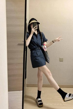 Gray Workwear Shirt Dress Set for Women - Unique Two-Piece Summer Outfit with Top and Short Skirt, Perfect for Casual or Office Wear