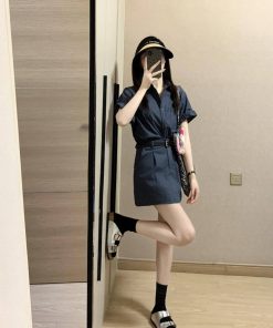 Gray Workwear Shirt Dress Set for Women - Unique Two-Piece Summer Outfit with Top and Short Skirt, Perfect for Casual or Office Wear