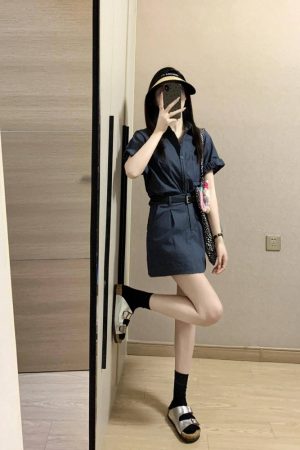 Gray Workwear Shirt Dress Set for Women - Unique Two-Piece Summer Outfit with Top and Short Skirt, Perfect for Casual or Office Wear