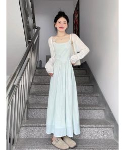 Green Floral Spaghetti Strap Dress for Women - Elegant Waist-Cinching Long Dress with Sun Protection - Summer 2025 Fashion Essential