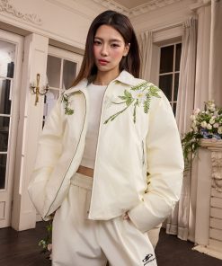 Green Floral Wreath Embroidered Down Jacket with Shoulder-Wrapped Collar, Warm Non-Quilted Coat for Y2K and Vintage Style