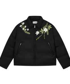 Green Floral Wreath Embroidered Down Jacket with Shoulder-Wrapped Collar, Warm Non-Quilted Coat for Y2K and Vintage Style