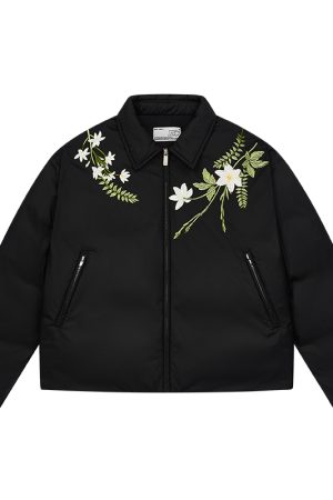 Green Floral Wreath Embroidered Down Jacket with Shoulder-Wrapped Collar, Warm Non-Quilted Coat for Y2K and Vintage Style