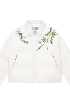 Green Floral Wreath Embroidered Down Jacket with Shoulder-Wrapped Collar, Warm Non-Quilted Coat for Y2K and Vintage Style