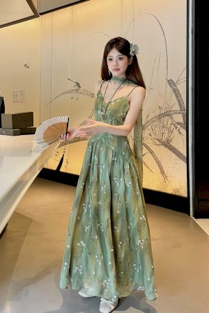 Green Lotus Wilderness Fairy Tale Chiffon Slip Dress with Sashes and Lightweight Cardigan - 90s Inspired Boho Style