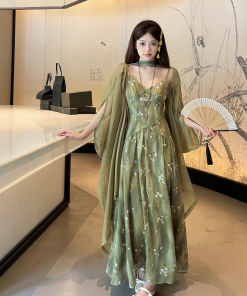 Green Lotus Wilderness Fairy Tale Chiffon Slip Dress with Sashes and Lightweight Cardigan - 90s Inspired Boho Style