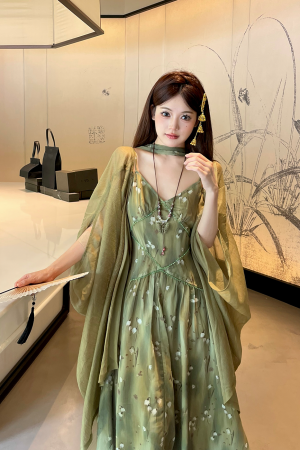 Green Lotus Wilderness Fairy Tale Chiffon Slip Dress with Sashes and Lightweight Cardigan - 90s Inspired Boho Style