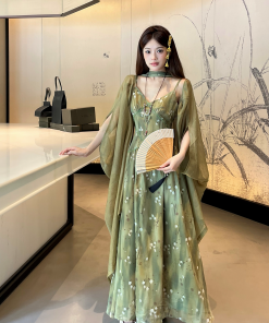 Green Lotus Wilderness Fairy Tale Chiffon Slip Dress with Sashes and Lightweight Cardigan - 90s Inspired Boho Style