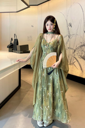 Green Lotus Wilderness Fairy Tale Chiffon Slip Dress with Sashes and Lightweight Cardigan - 90s Inspired Boho Style
