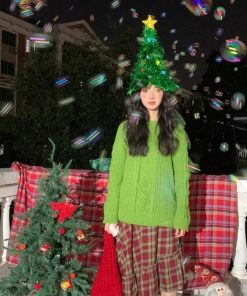 Green Onion Silk Christmas Tree Hat with Fur Trim - Festive Staged Magical Holiday Accessory