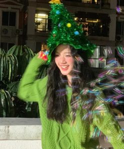 Green Onion Silk Christmas Tree Hat with Fur Trim - Festive Staged Magical Holiday Accessory