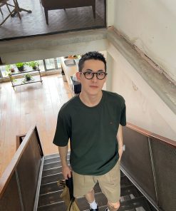 Green Round Neck Short Sleeve T-Shirt for Men with Love Heart Embroidery - Summer Casual Korean Style Loose Fit