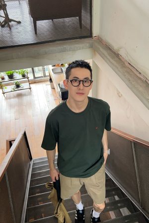Green Round Neck Short Sleeve T-Shirt for Men with Love Heart Embroidery - Summer Casual Korean Style Loose Fit