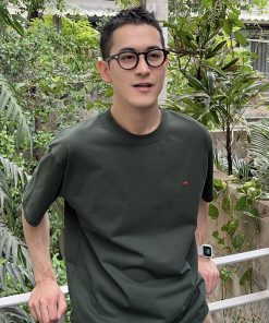 Green Round Neck Short Sleeve T-Shirt for Men with Love Heart Embroidery - Summer Casual Korean Style Loose Fit