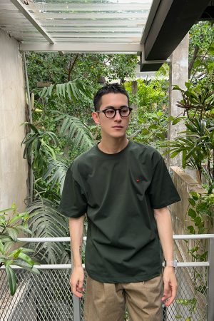 Green Round Neck Short Sleeve T-Shirt for Men with Love Heart Embroidery - Summer Casual Korean Style Loose Fit