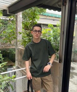 Green Round Neck Short Sleeve T-Shirt for Men with Love Heart Embroidery - Summer Casual Korean Style Loose Fit