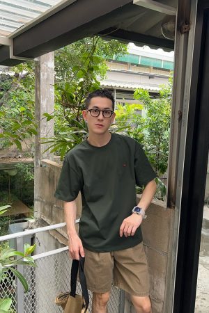Green Round Neck Short Sleeve T-Shirt for Men with Love Heart Embroidery - Summer Casual Korean Style Loose Fit
