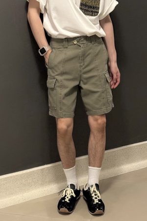 Green Soft Denim Work Shorts for Men â€“ Summer Japanese Retro Loose Straight Fit, Versatile Casual Style