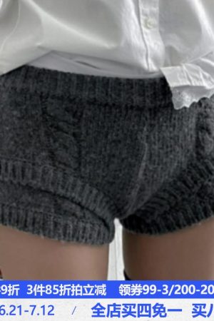 Grey Knitted Casual Shorts for Women - Versatile Retro Style, European and American Inspired, Hot Girl Aesthetic