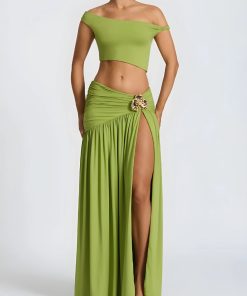 Grunge Woman Outfits, Grunge Clothes Girl - Off Shoulder Crop Top & Slit Maxi Dress Two Piece Set