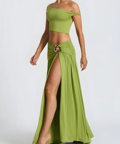 Grunge Woman Outfits, Grunge Clothes Girl - Off Shoulder Crop Top & Slit Maxi Dress Two Piece Set
