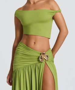 Grunge Woman Outfits, Grunge Clothes Girl - Off Shoulder Crop Top & Slit Maxi Dress Two Piece Set