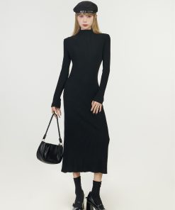 Half-High Collar Knitted Dress for Women, Over-the-Knee Long Sleeve Winter Layer, Trendy Spring Autumn Style 2025